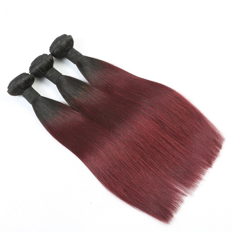 Ombre 1b/99J Peruvian Virgin Hair Straight 8A Human Hair Extensions 2 Tone Color Hair Wefts  Human Hair Bundles